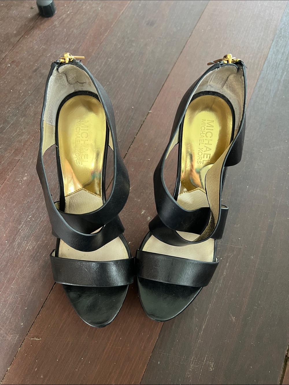 Michael Kors Black Leather Wrap-Strap Heels with Gold Insole